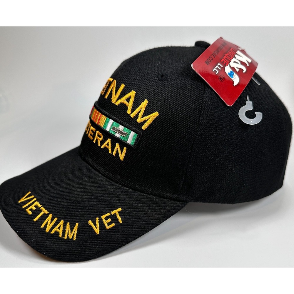 Vietnam Veteran Black Cap Hat‎ Ribbons Metal 1960- Emblem Embroidered NEW w/ Tag